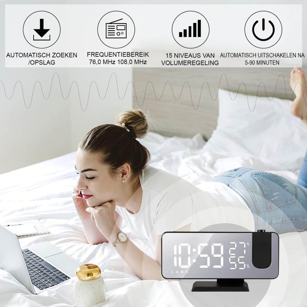 Wekkerradio met Projectie - Digitale Projectieklok met FM Radio en Dubbel Alarm - Nachtlamp met Licht - Wekker voor Slaapkamer