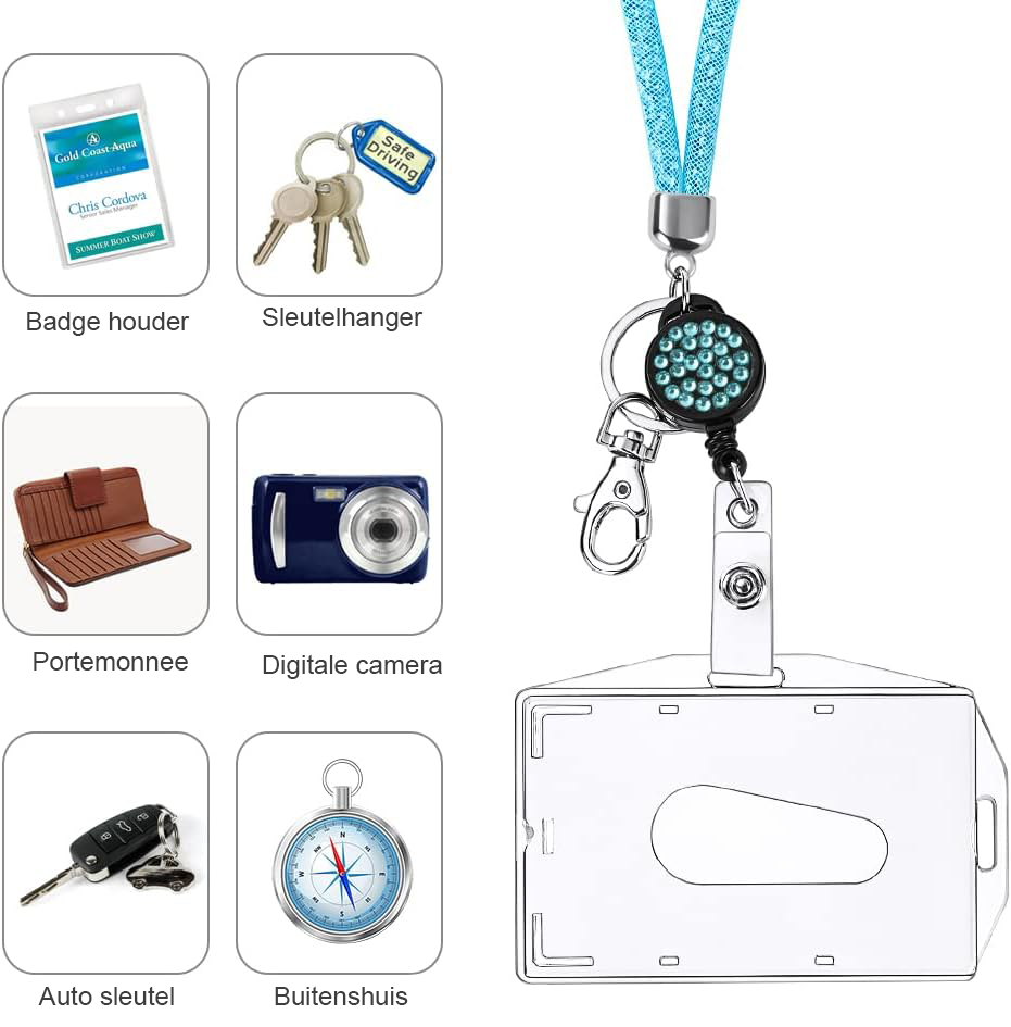 Lanyard met transparante ID-kaarthouder en sleutelhanger blauw