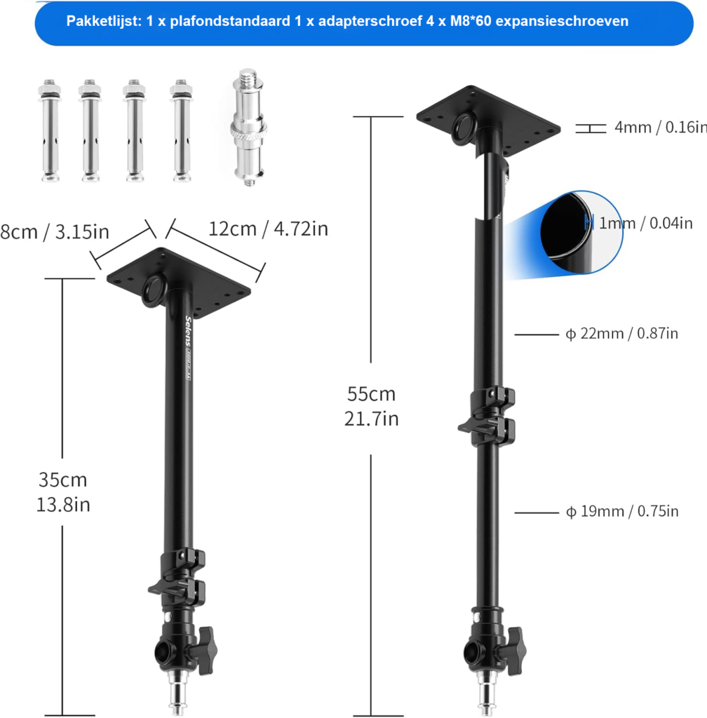 Muurbeugel met verstelbare arm 35-55 cm voor wand- en plafondmontage, 180° draaibaar met 1/4 en 3/8 adapter