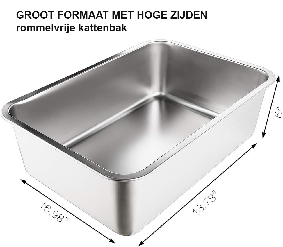 Roestvrijstalen kattenbak groot 60 x 40 x 15 cm voor twee katten of konijnen