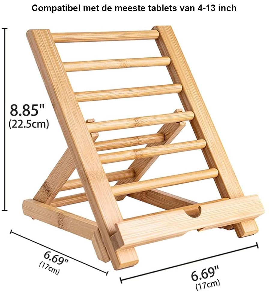 Houten bamboe tablet- en telefoonhouder voor bureau, geschikt voor iPhone, iPad en tablets