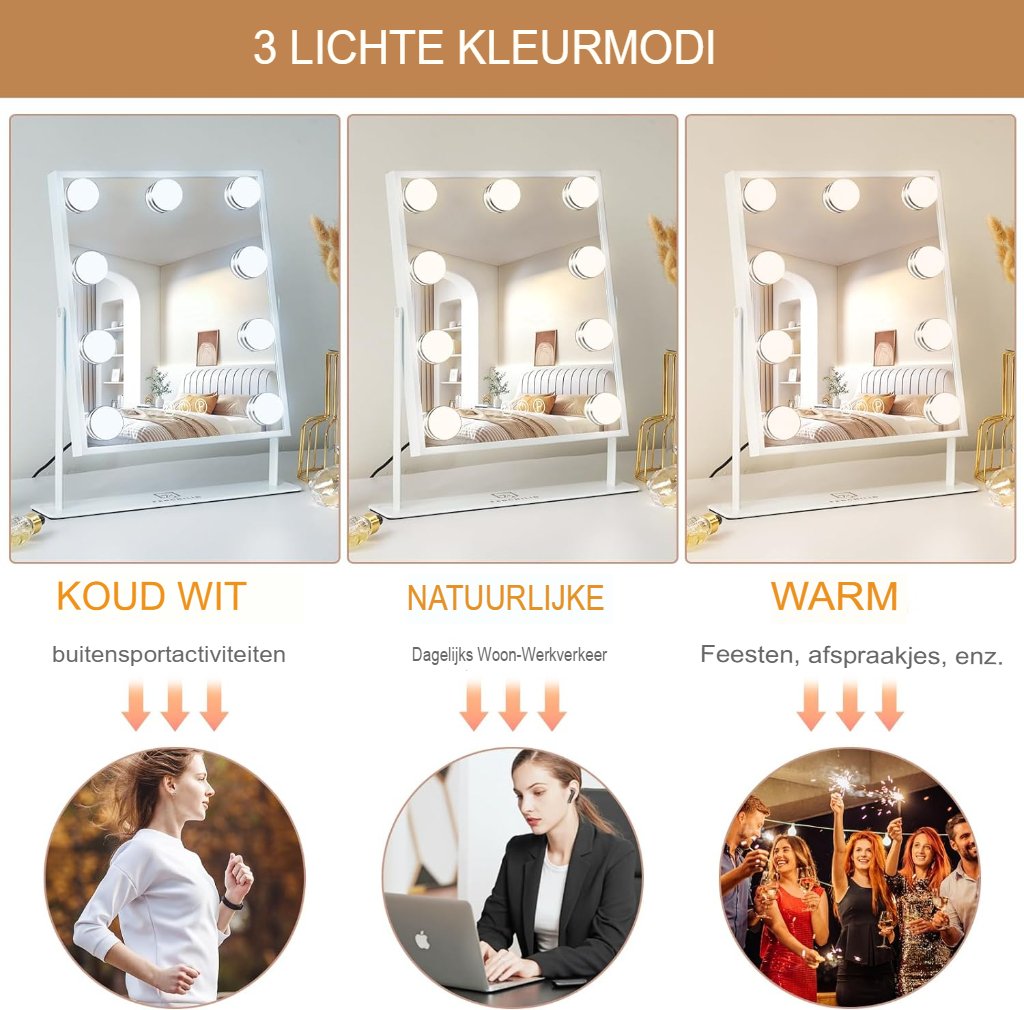 Make-upspiegel met verlichting, 9 dimbare LED-lampen en 3 lichtkleuren, wit 25 x 30 cm