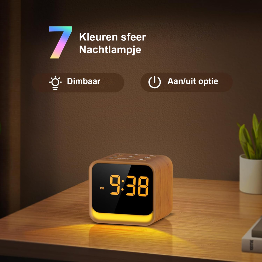 Digitale alarmklok met FM-radio, white noise, 9 alarmgeluiden en 7-kleuren display met nachtlamp