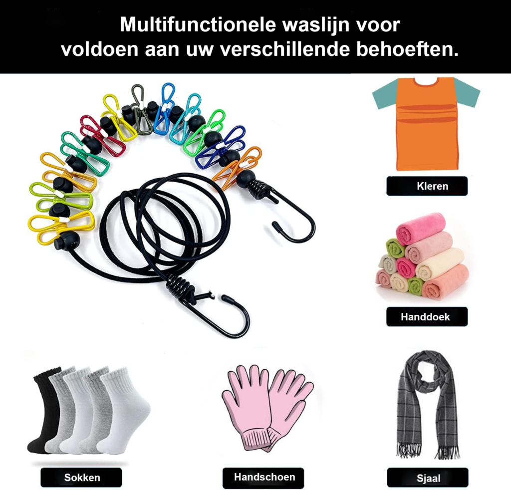 Uittrekbare Waslijn - Draagbare Kledinglijn met 12 Kledingclips - Voor Reizen en Kamperen - Binnen- en Buitenwaslijn