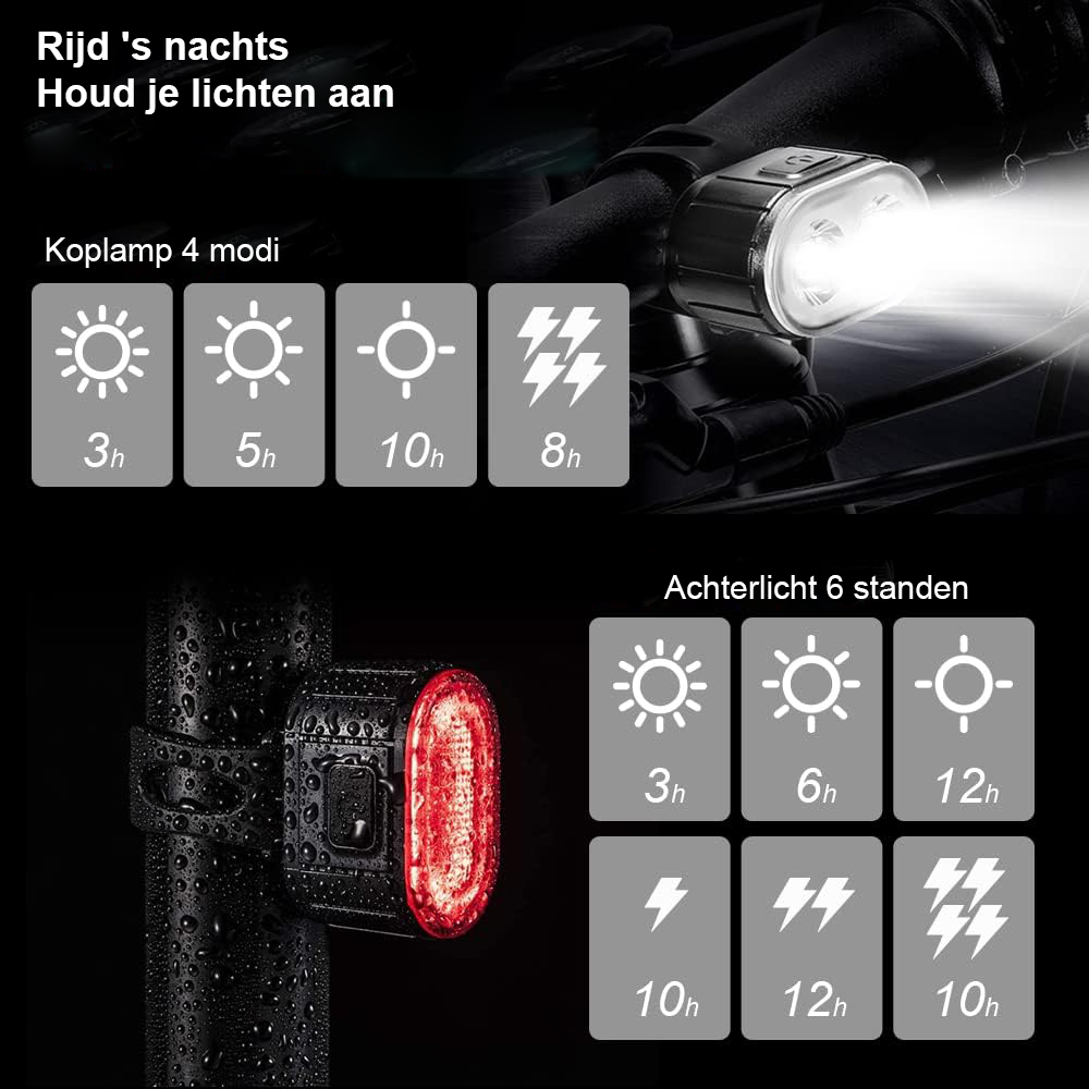 Oplaadbare fietslampjes set met waterdichte USB-oplaadbare fietsverlichting voor stads- en mountainbikes