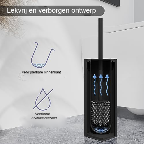 Siliconen toiletborstel met borstelkoppen voor hygiënische reiniging, zwart