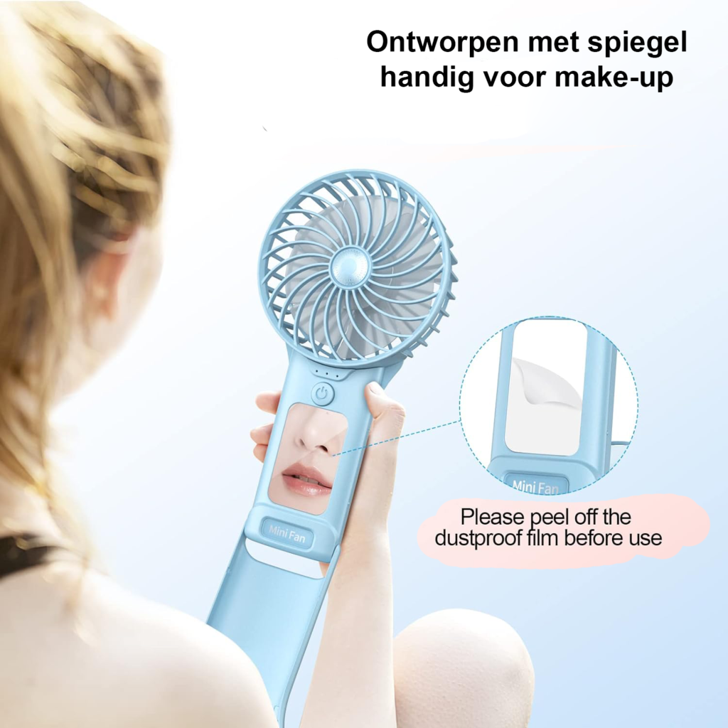 Mini draagbare handventilator met spiegel, USB-oplaadbaar, 4 snelheden, 2000mAh batterij, lichtblauw