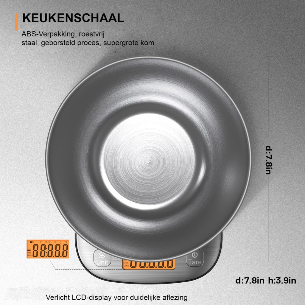 Digitale keukenweegschaal met RVS weegkom, 5 kg capaciteit en 0,5 g nauwkeurigheid, IPX6 waterbestendig