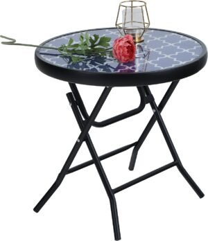Opvouwbare ronde balkontafel van glas en metaal voor tuin en terras