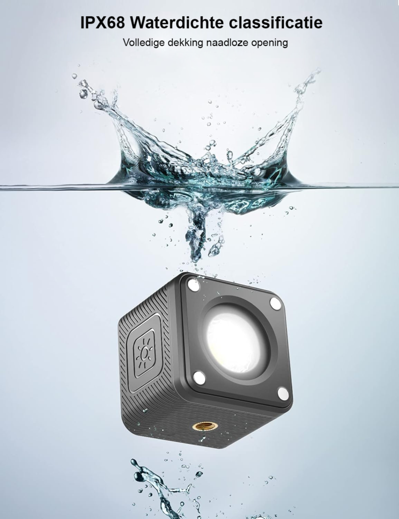 Compacte LED videolamp IP68 met 800mAh accu en 4 helderheidsniveaus voor GoPro, DJI Osmo, actiecamera en drone