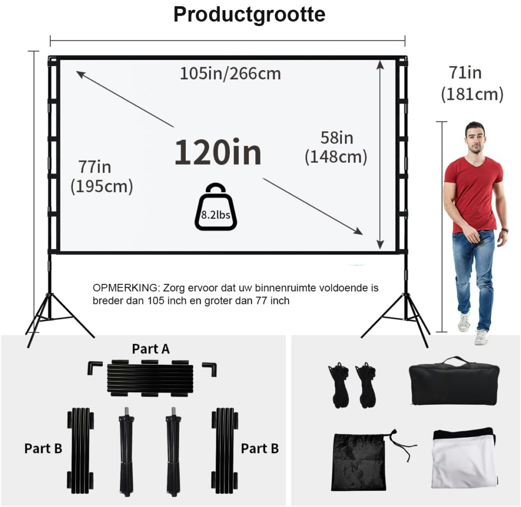 Projectiescherm 120 Inch met Stand - Draagbaar Filmscherm voor Binnen en Buiten - 16:9 4K HD - Kreukvrij met Draagtas