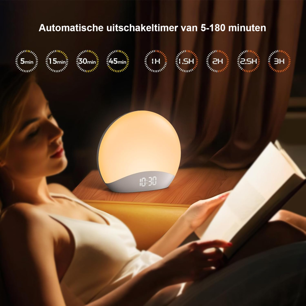 Lichtwekker met 7-kleuren nachtlamp, 3 alarmgeluiden en 20 natuurlijke slaapliedjes voor kinderen en volwassenen