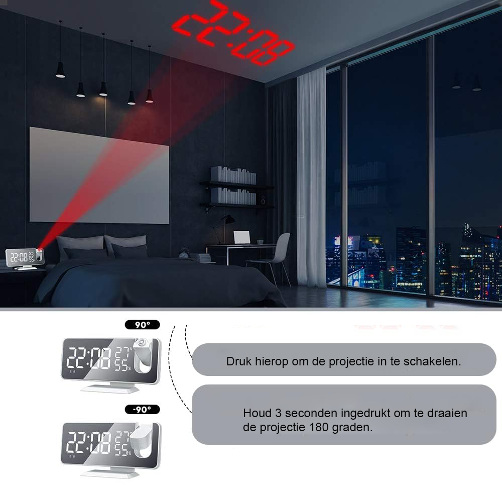 Projectie wekker met spiegeloppervlak, digitale LED-display, dubbel alarm, FM-radio en USB-oplaadpoort