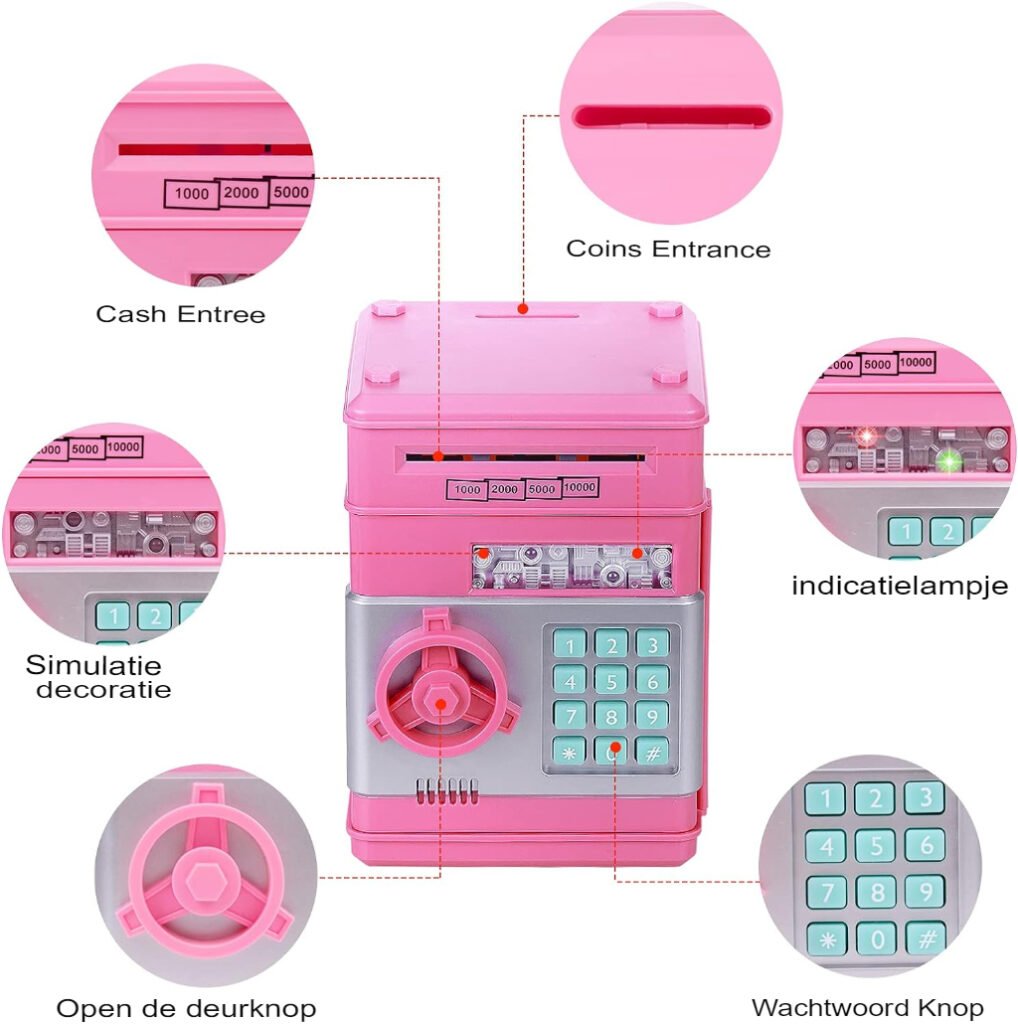 Elektronische spaarpot voor kinderen met wachtwoord en automatisch scrollen, roze