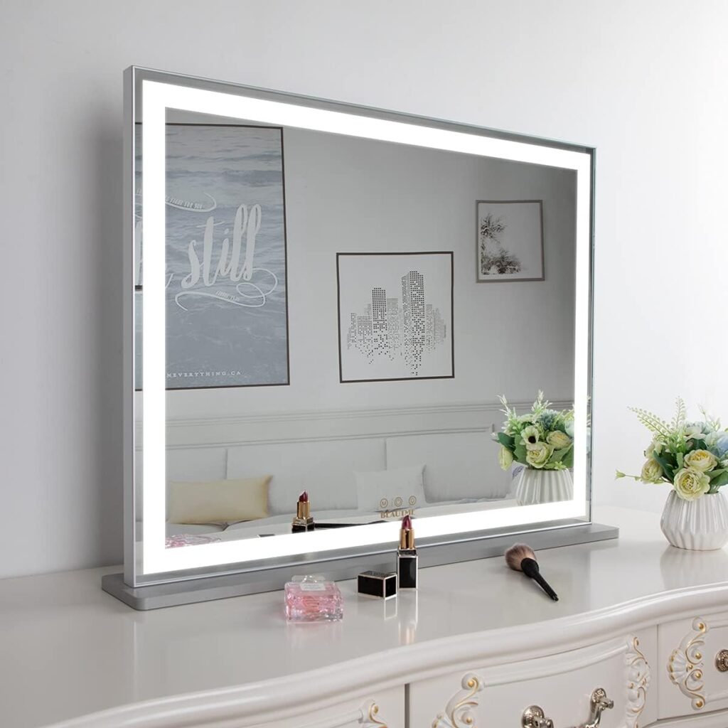 Make-upspiegel met LED-achtergrondverlichting, Hollywood-stijl, verstelbare helderheid, wand- of tafelmodel, 56,2 × 72 cm