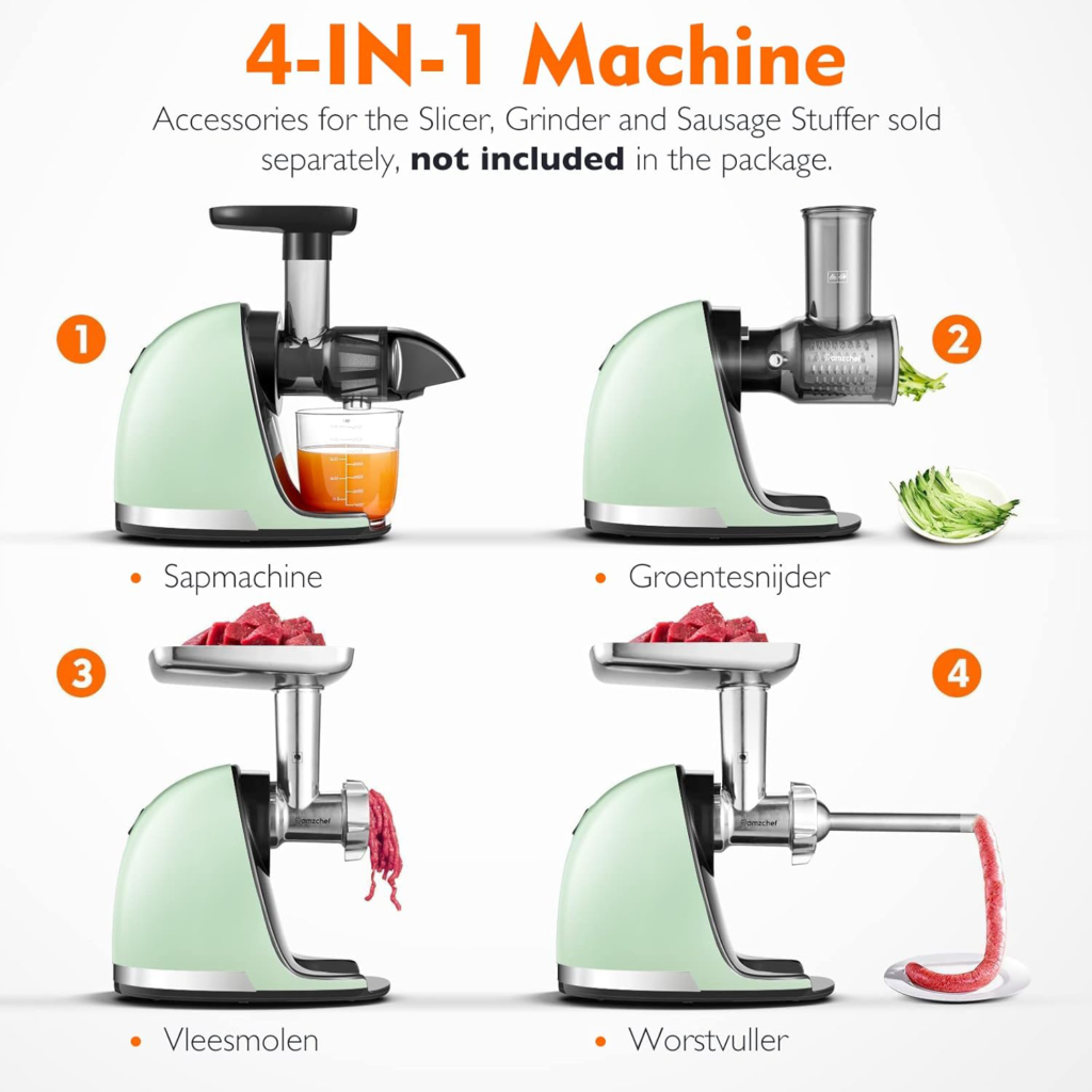 Koudpers slowjuicer mintgroen voor groenten en fruit met 2 bekers en borstel