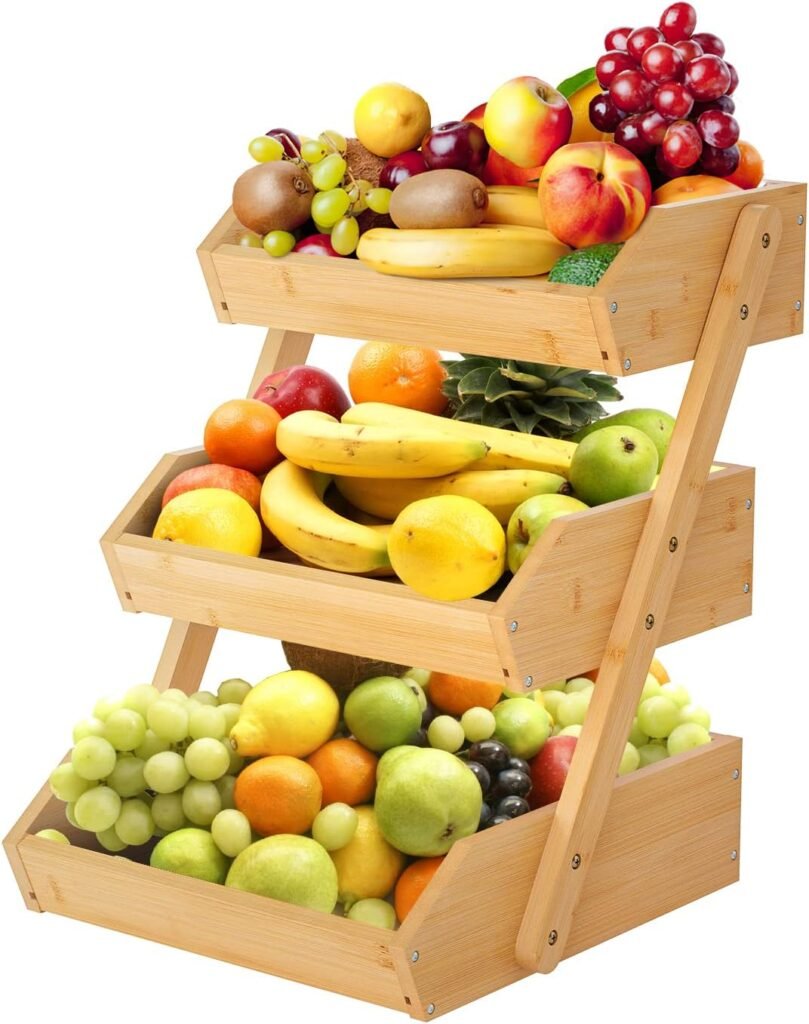 Bamboe fruitmand 3 laags met afneembaar fruitrek voor keukenopslag