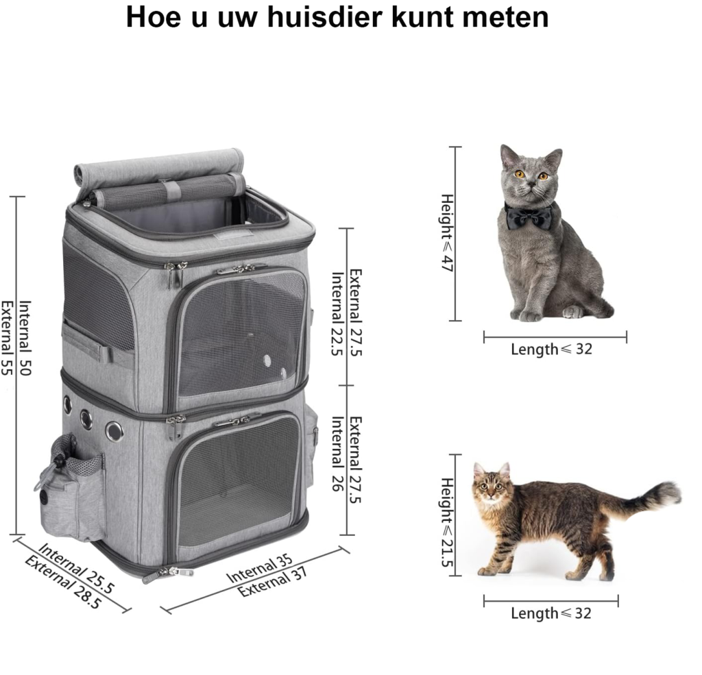 Kattenrugzak met dubbel compartiment, ademend en verstelbare banden, zwart design