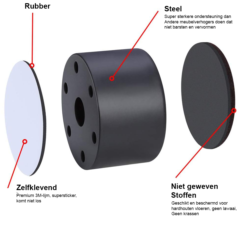 Verstelbare meubelverhogers van koolstofstaal, set van 4 met zelfklevend ontwerp voor extra opbergruimte