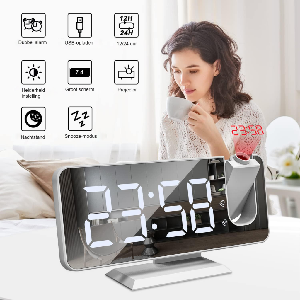 Wekkerradio met Projectie - Projectieklok met Wekker - LED Display en USB-aansluiting - Instelbare Projectiehelderheid