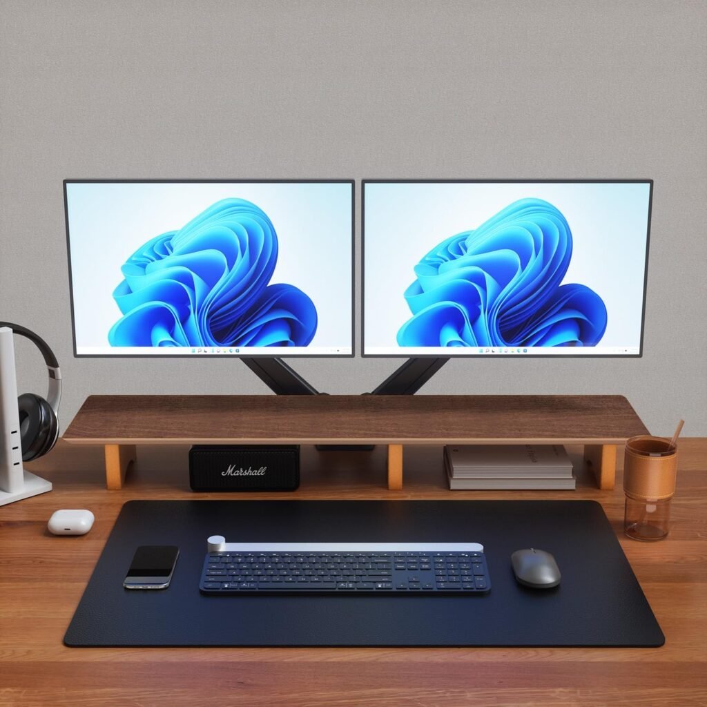 Verstelbare monitorstandaard zwarte walnoot voor grote computerschermen en ergonomische bureauverhoging
