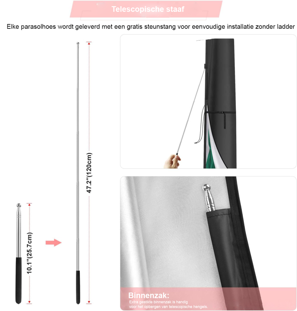 Beschermhoes voor zweefparasol met ritssluiting en opbergtas, zwart, 180 x 30/40 cm