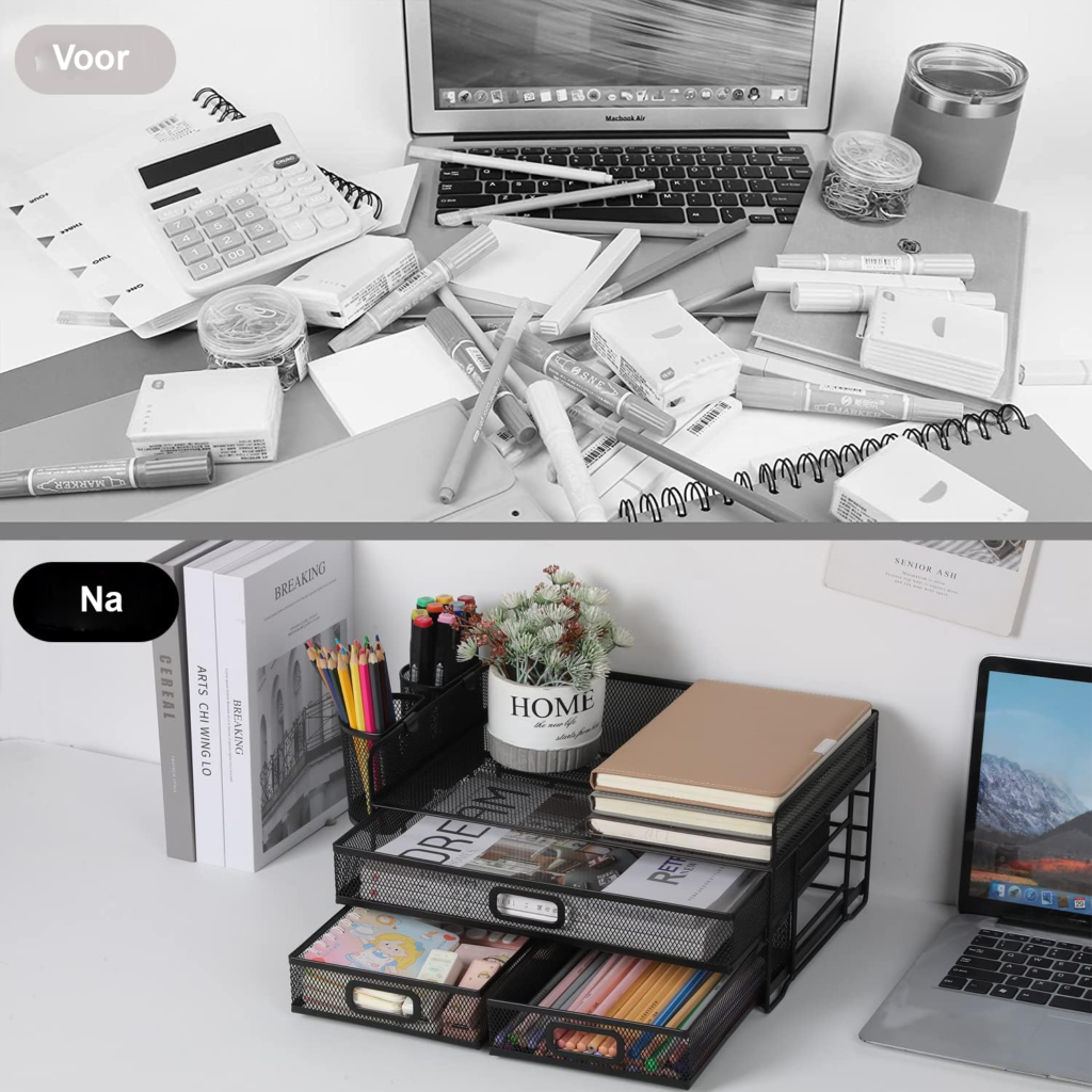 Desktop organizer zwart met meerdere vakken voor documenten en kantoorbenodigdheden