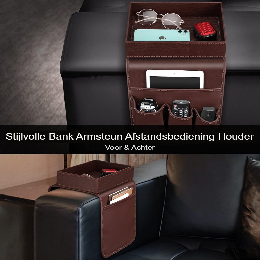 Afstandsbedieninghouder voor sofa armleuning met opbergvakken