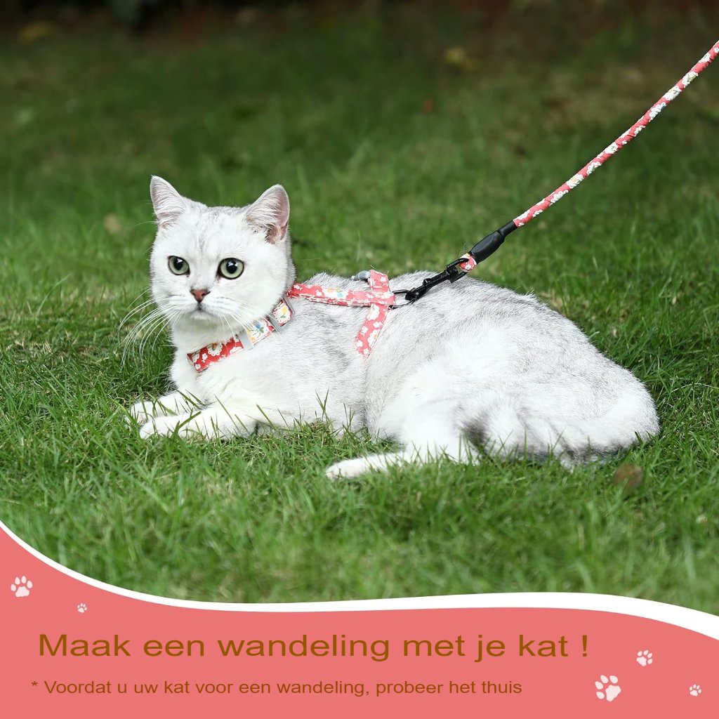Verstelbaar roze kattenharnas met touwlijn en reflecterende strips, maat S