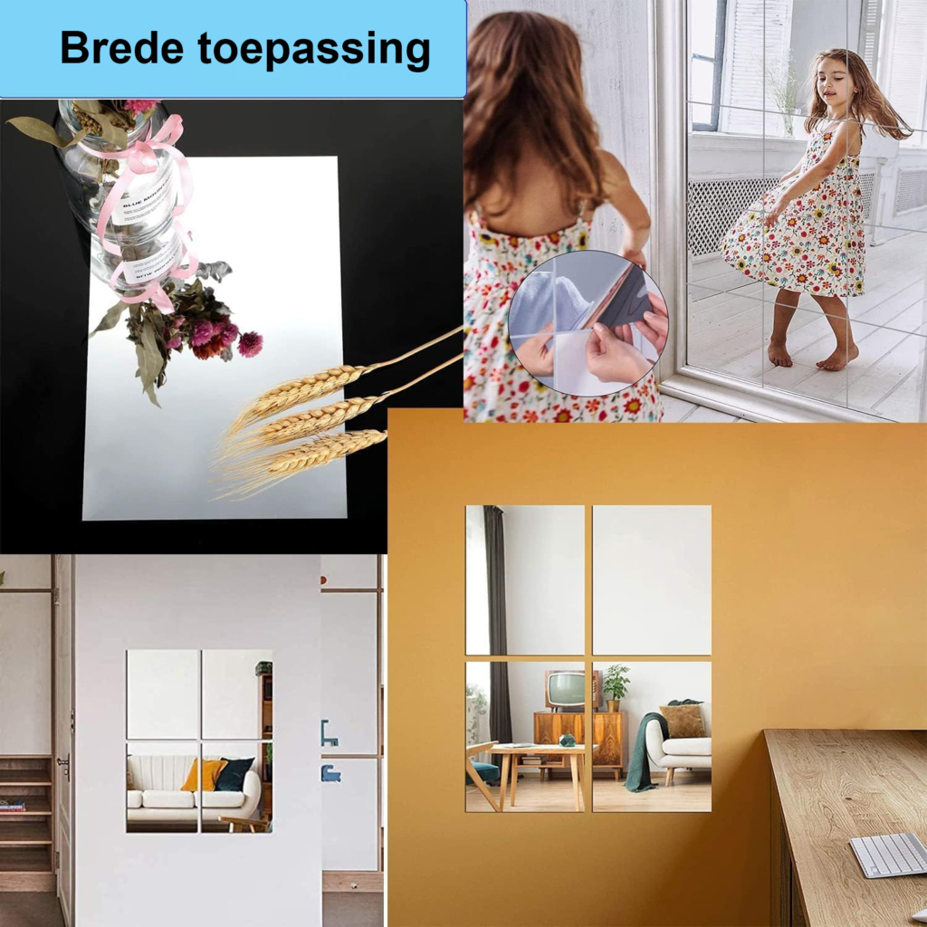 Zelfklevende rechthoekige spiegeltegels voor moderne wanddecoratie met hoogglans reflectie