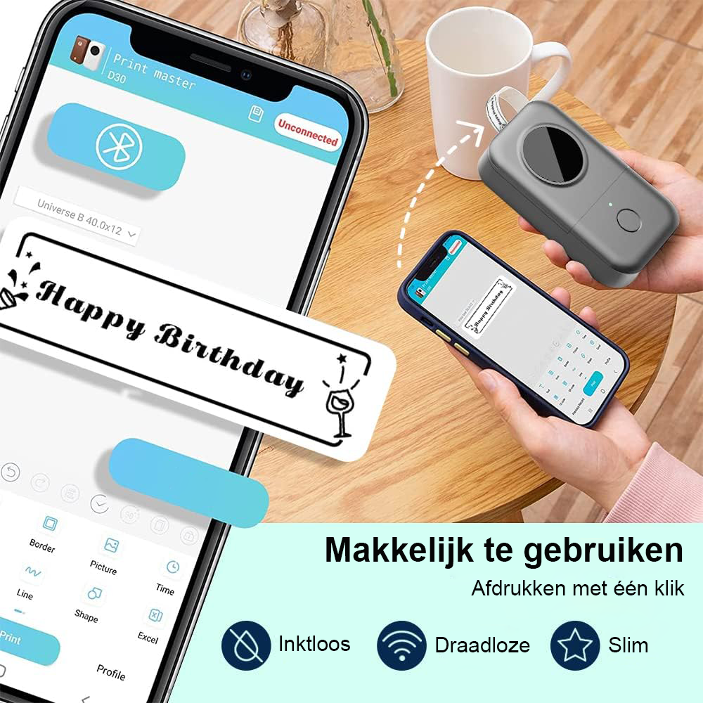 Bluetooth labelprinter met draadloze smartphoneverbinding in grijs ontwerp