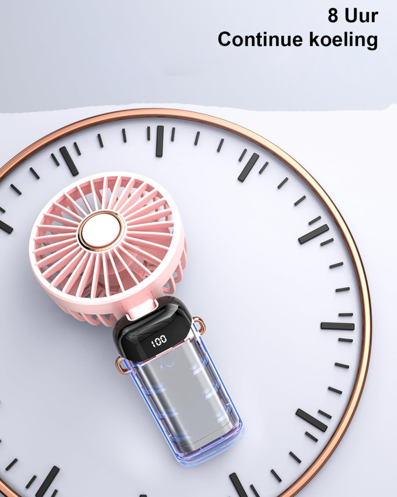 Roze handventilator met spiegel en USB-oplaadfunctie