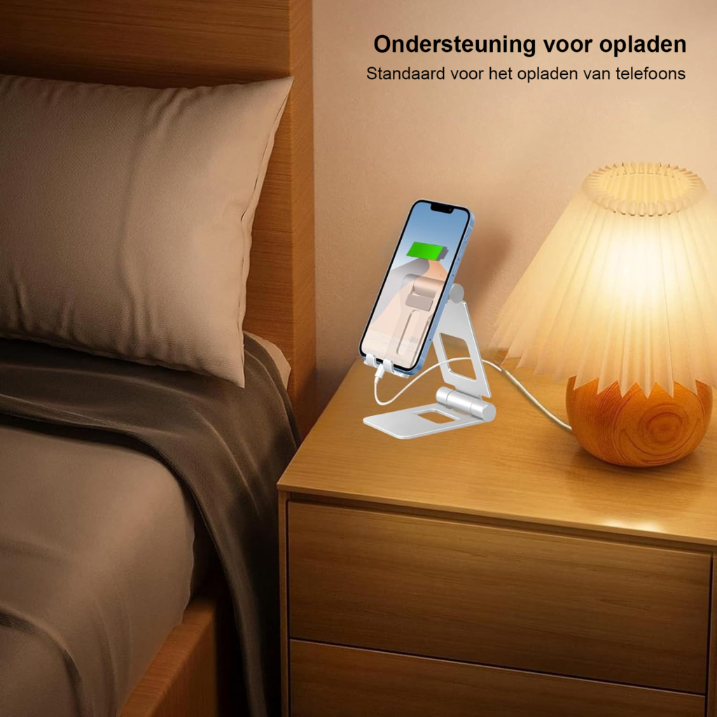 Verstelbare opvouwbare telefoonstandaard voor smartphone en tablet op bureau