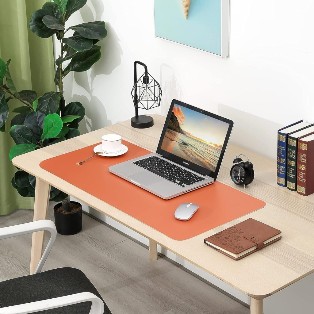 Lichtblauwe en oranje bureau-onderlegger van PU-leer, dubbelzijdig en antislip, 90 x 43 cm