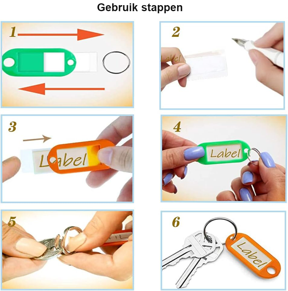 Sleutelhangers met verwisselbaar label, 10 stuks in 10 kleuren voor hotel, kantoor en bagage
