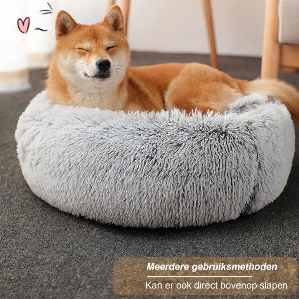 Grijs kattenbed in donutvorm van zacht pluche met antislip bodem voor kleine en middelgrote huisdieren