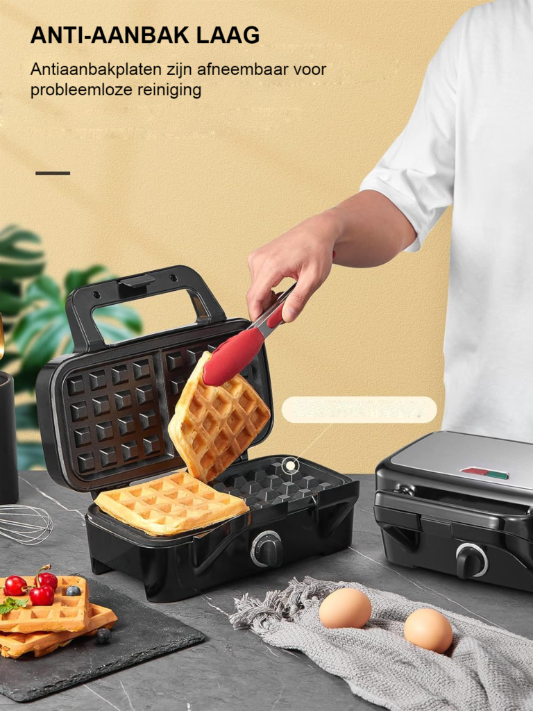 Multifunctioneel wafelijzer met verwisselbare platen en instelbare temperatuur