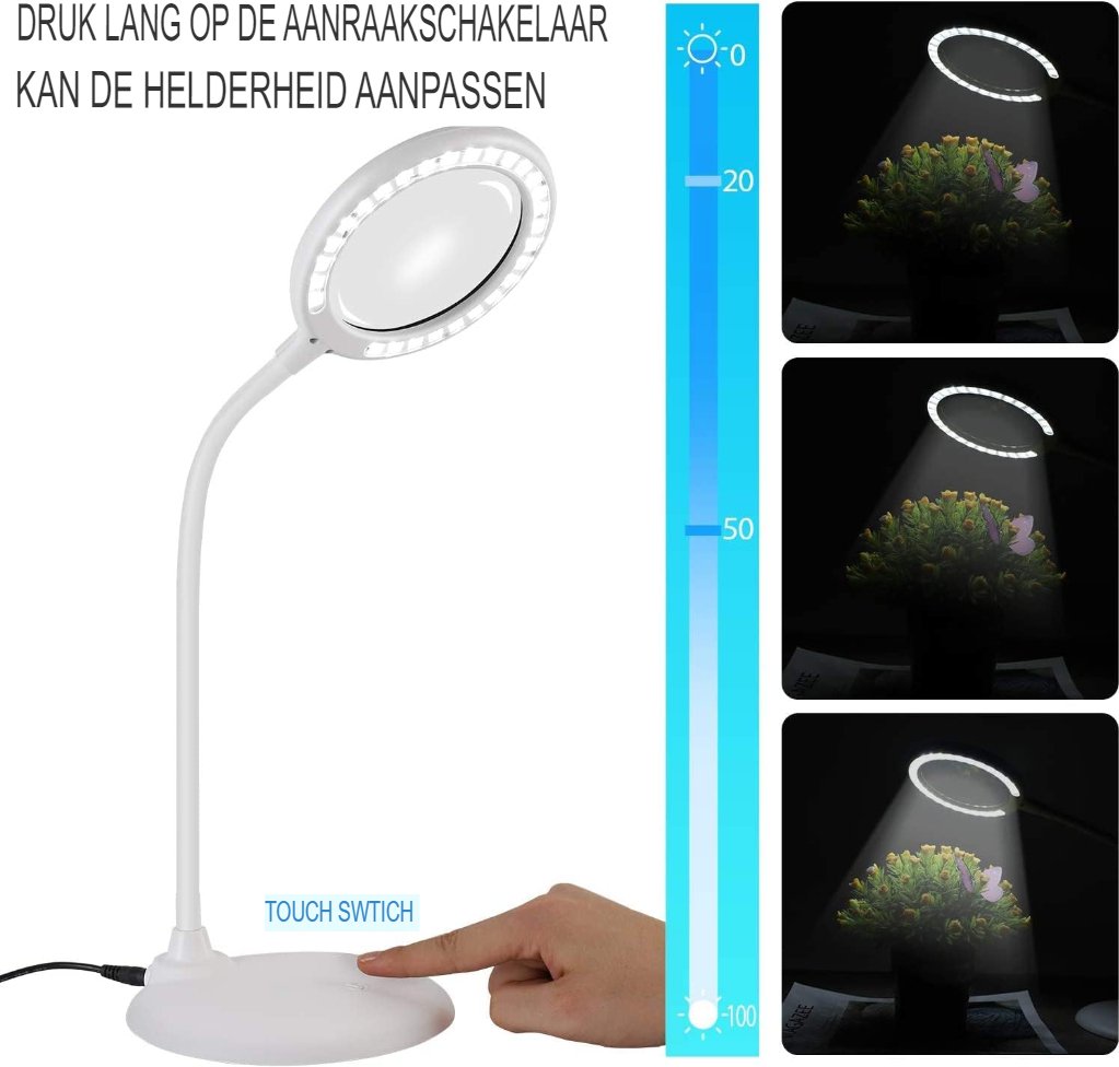 Oplaadbare vergrotingsbureaulamp met LED verlichting en vergrootglas, draadloos en met handtouch bediening