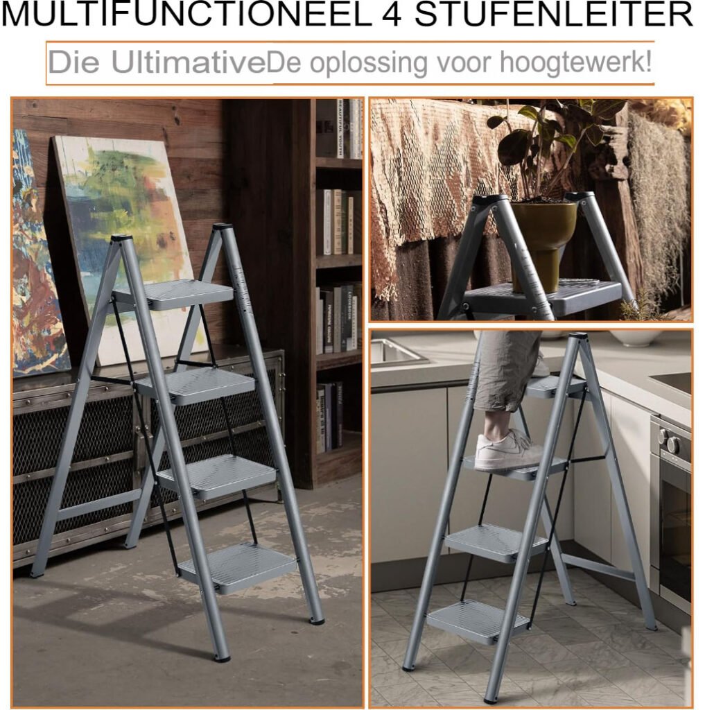 Inklapbare vouwladder opstapkruk zilvergrijs van lichtgewicht aluminium met antislip ontwerp