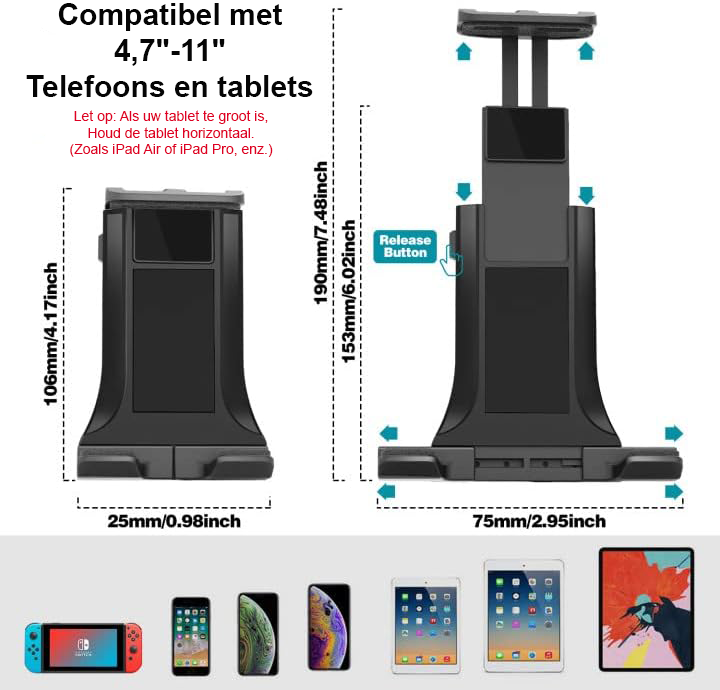Verstelbare tablet wandhouder voor 4,7 tot 11 inch tablets in keuken of bureau
