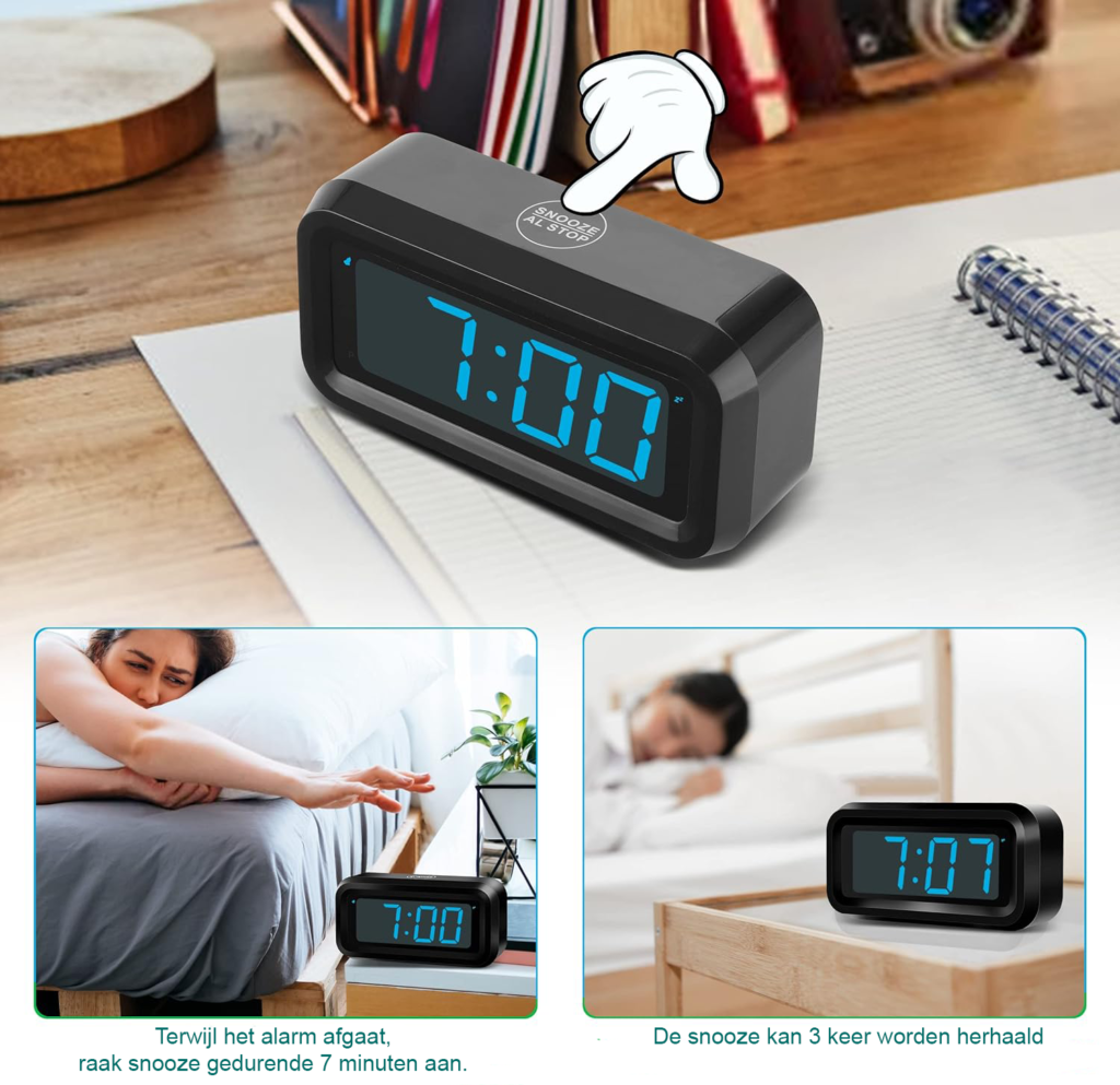 Digitale LED kinderwekker met instelbare helderheid, batterijvoeding en compact design voor kinderen