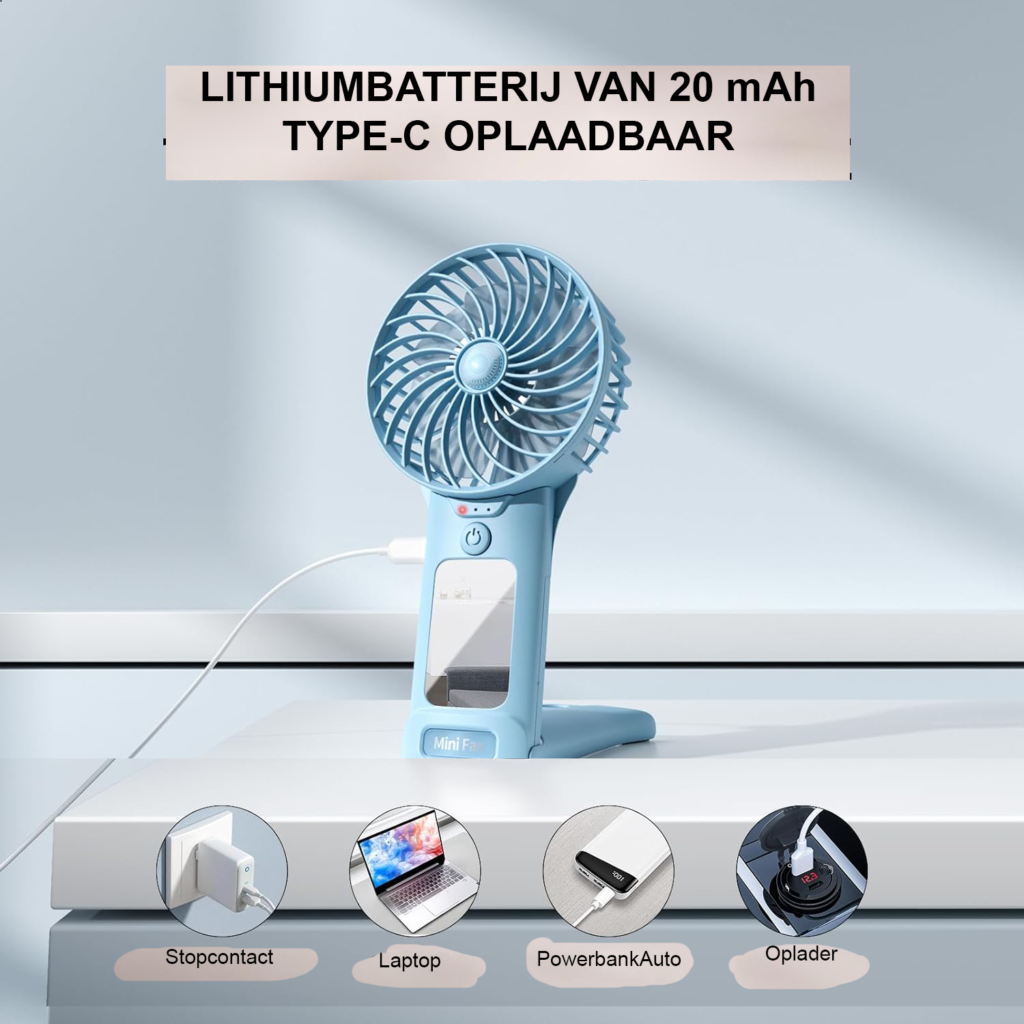 Oplaadbare handventilator met 2000mAh batterij en instelbare snelheden