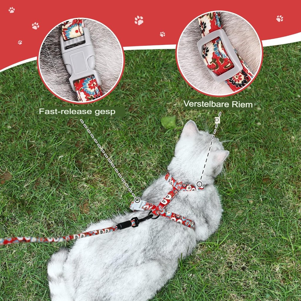 Verstelbaar kattenharnas met 145 cm touwlijn, rood, maat S