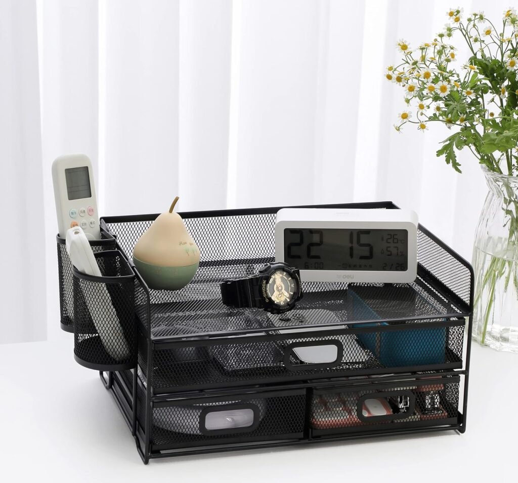 Desktop organizer zwart met meerdere vakken voor documenten en kantoorbenodigdheden