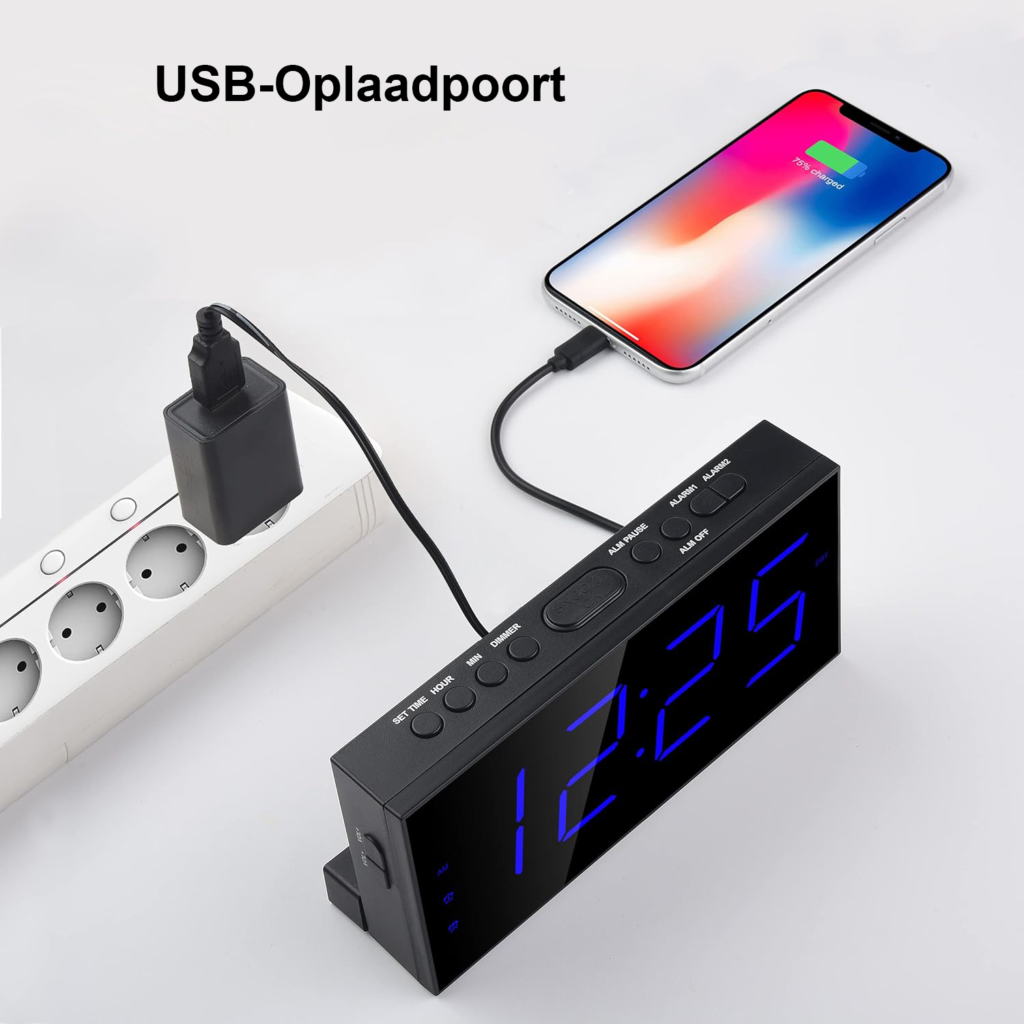 Digitale LED wekker met instelbare helderheid en oplaadfunctie