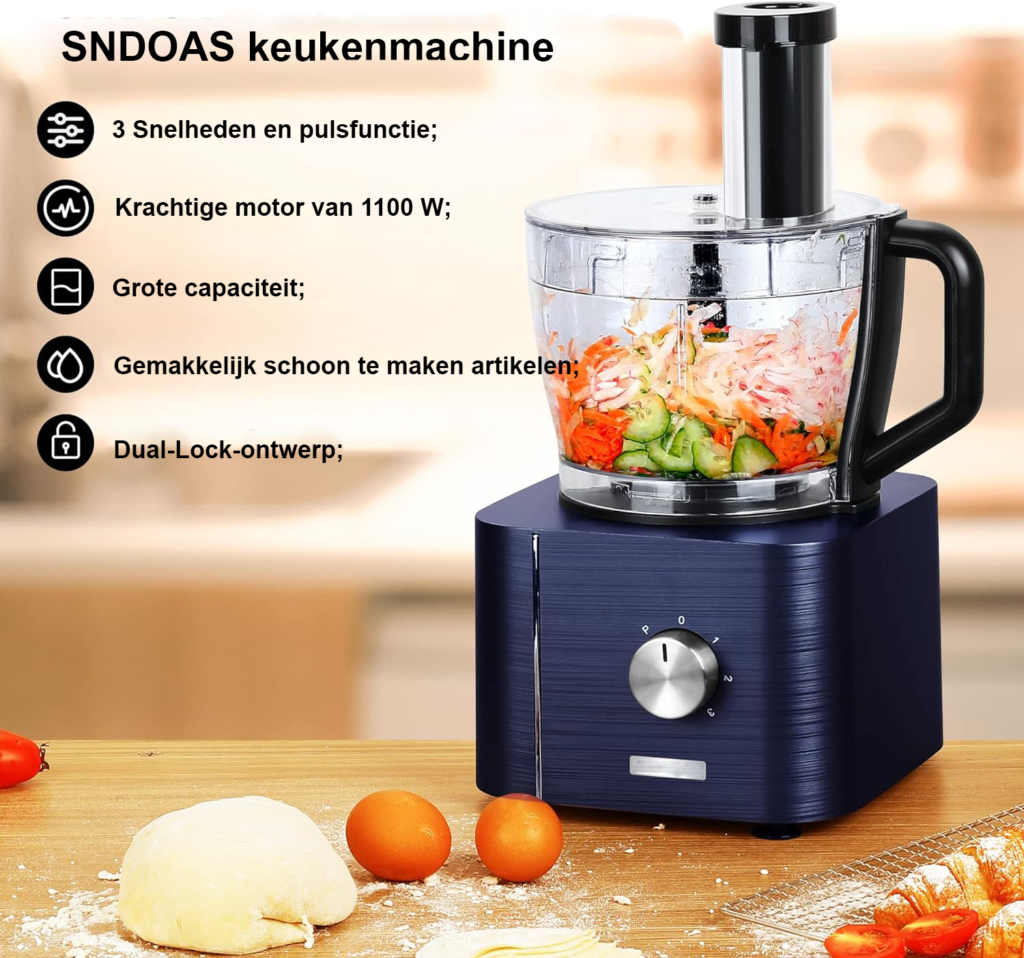 Compacte foodprocessor met snijbladen en kneedhaak
