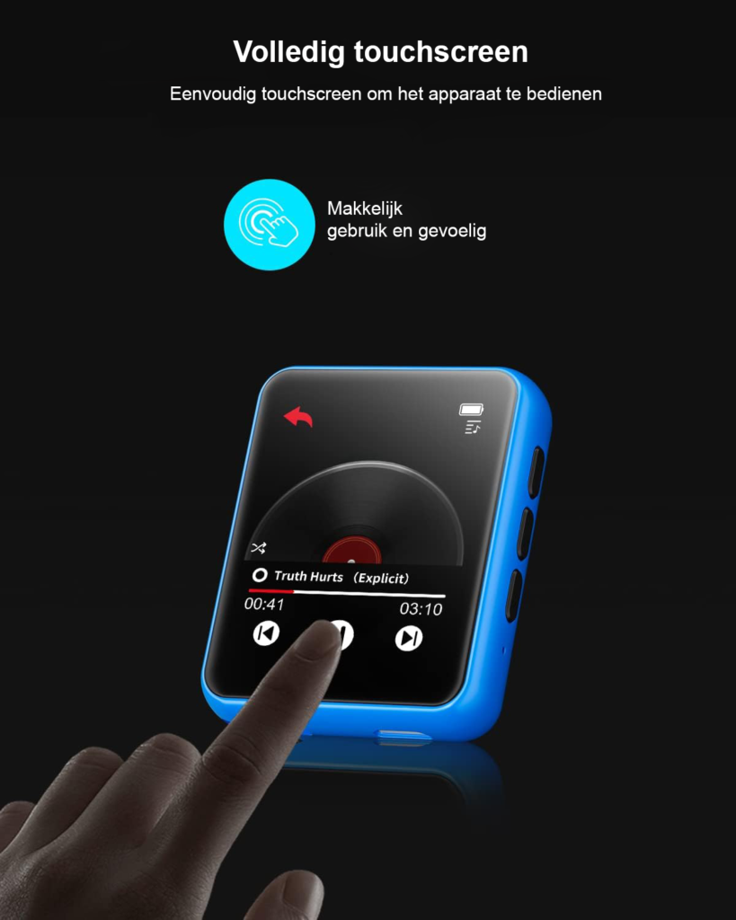Bluetooth MP3-speler 32GB met touchscreen, ingebouwde luidspreker en FM-radio, blauw