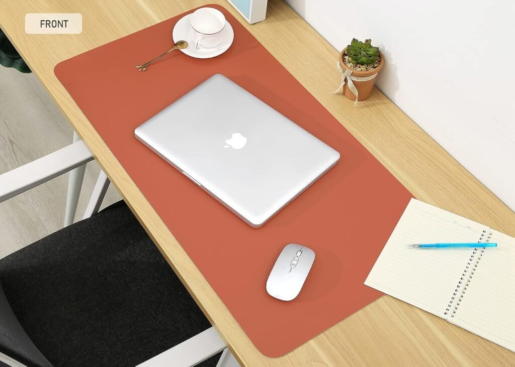 Lichtblauwe en oranje bureau-onderlegger van PU-leer, dubbelzijdig en antislip, 90 x 43 cm