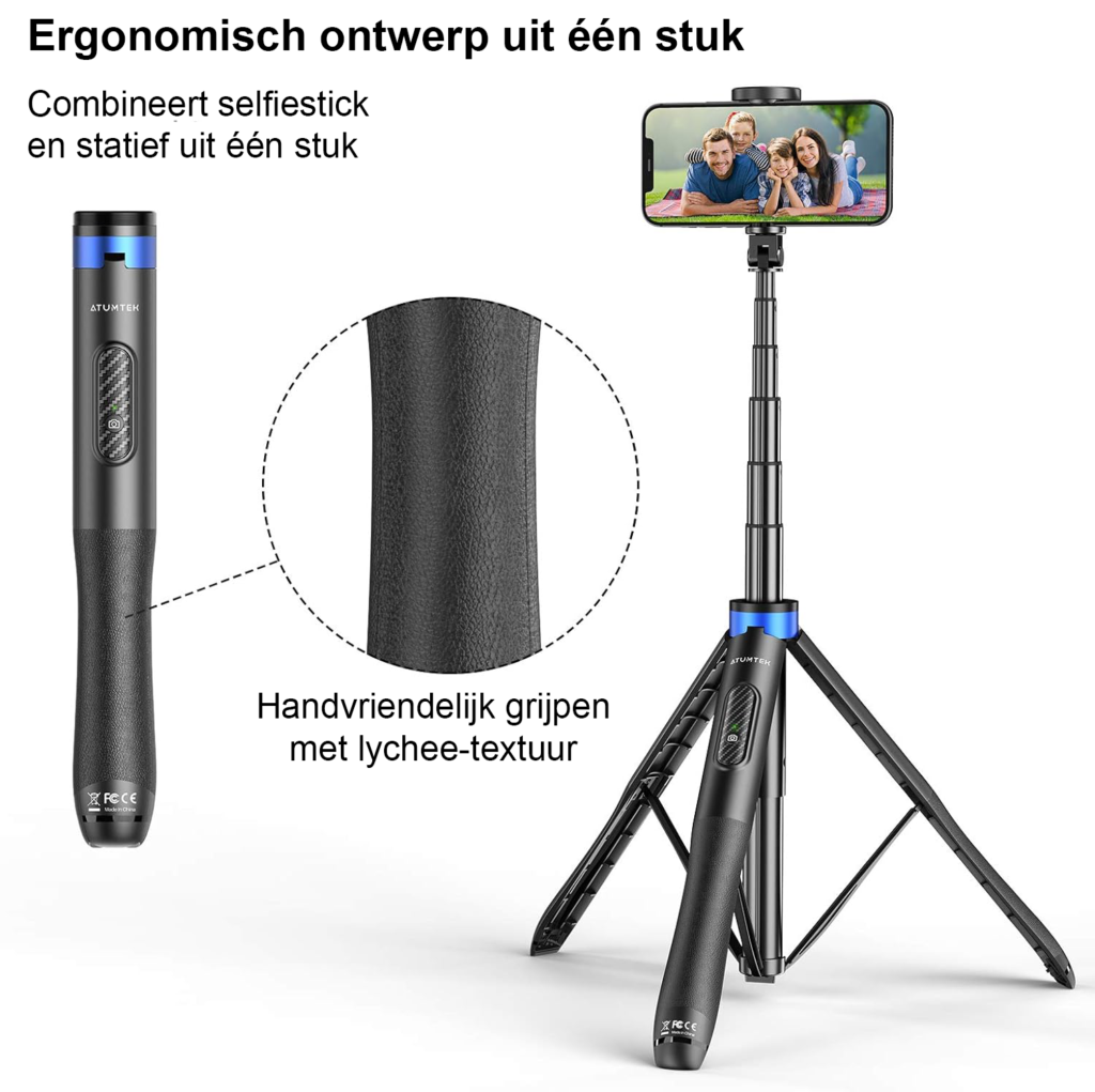 Uitschuifbaar smartphone statief met Bluetooth afstandsbediening, 360° rotatie en 1,3 m hoogte
