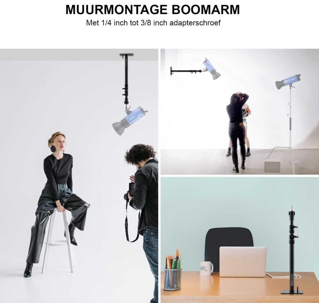 Muurbeugel met verstelbare arm 35-55 cm voor wand- en plafondmontage, 180° draaibaar met 1/4 en 3/8 adapter